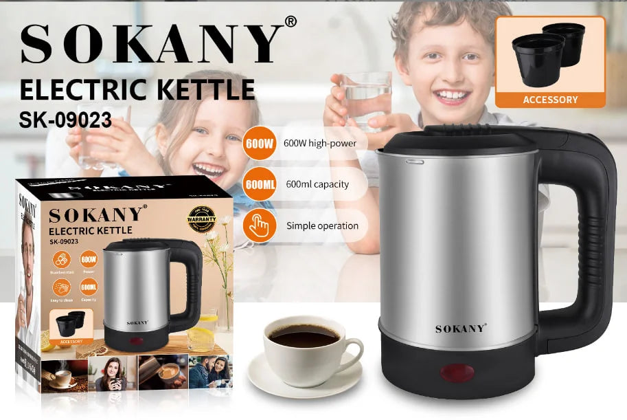 Sokany Electric Kettle - 600ml - 600 Watt, Stainless Steel Body - Sk-09023