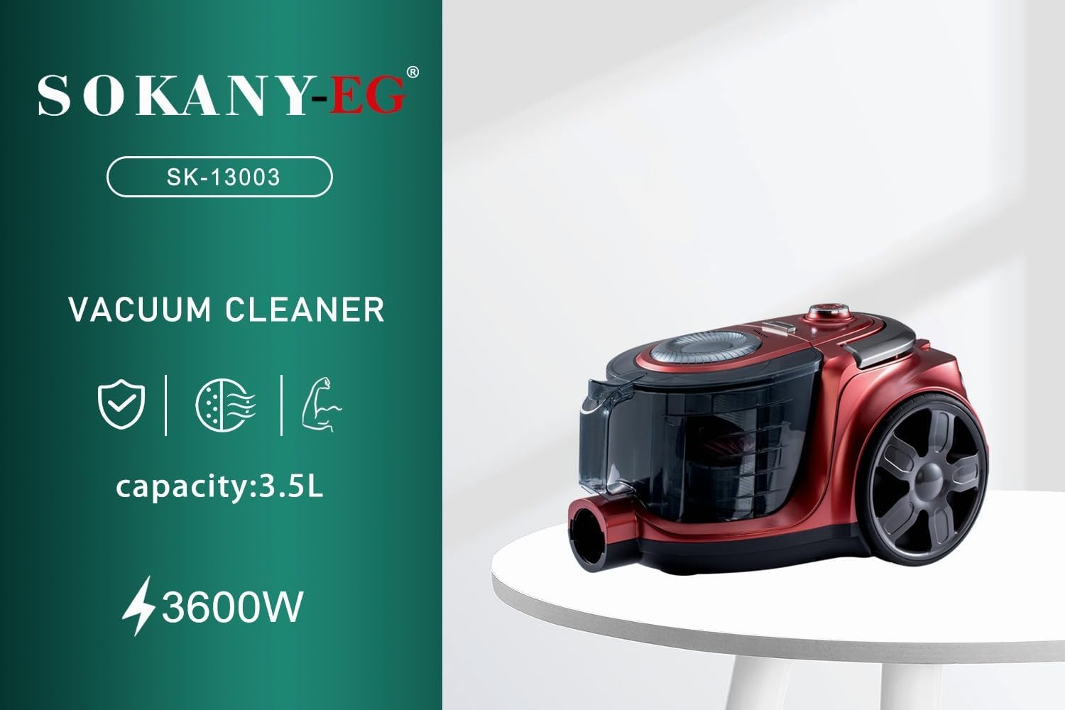 Sokany 3600 Watt Vacuum Cleaner, 3.5 Liter Capacity, Red - SK-13003