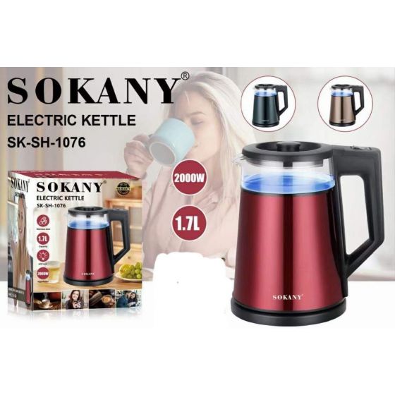 Sokany Electric Kettle, 1.7 Liters, 2000 Watts, Metallic Red - SK-1076