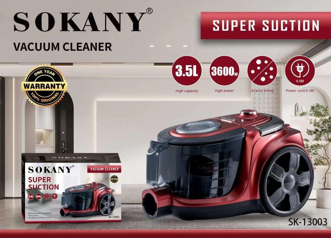 Sokany 3600 Watt Vacuum Cleaner, 3.5 Liter Capacity, Red - SK-13003