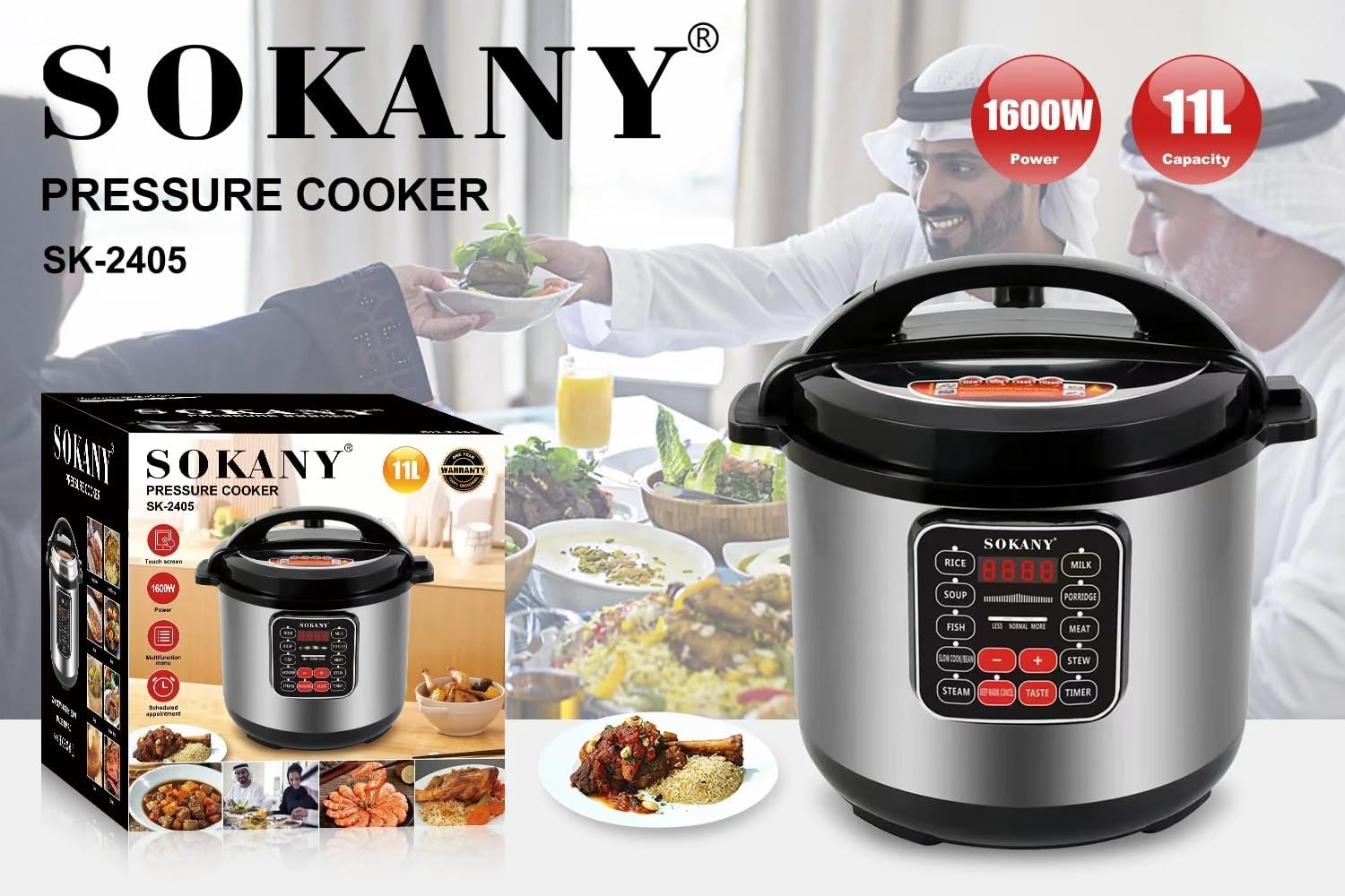 Sokany Pressure Cooker, 11 Liters, 1600 Watt, Black and Silver - SK-2405