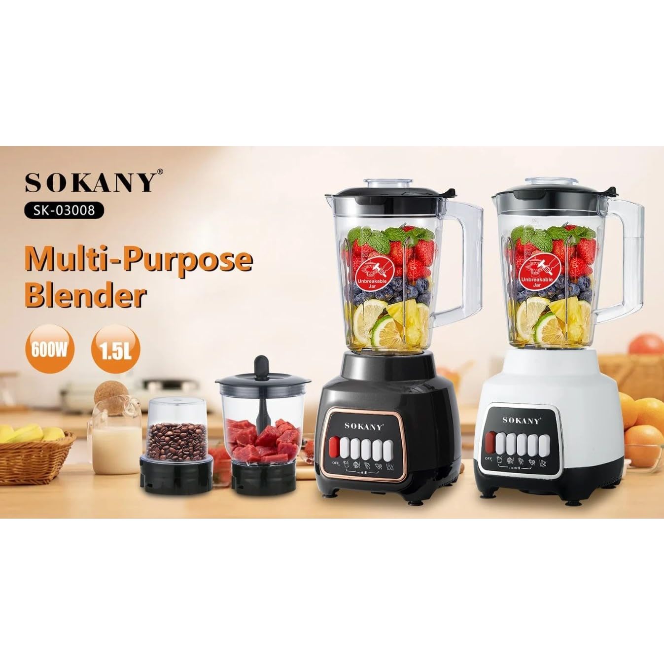 Sokany Blender With Grinder and Whisk Attachment, 1.5 Liters, 600 Watt, Black - SK-03008