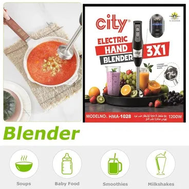 City 3 In 1 Hand Blender, 1200 Watt, Black - HMA-1028