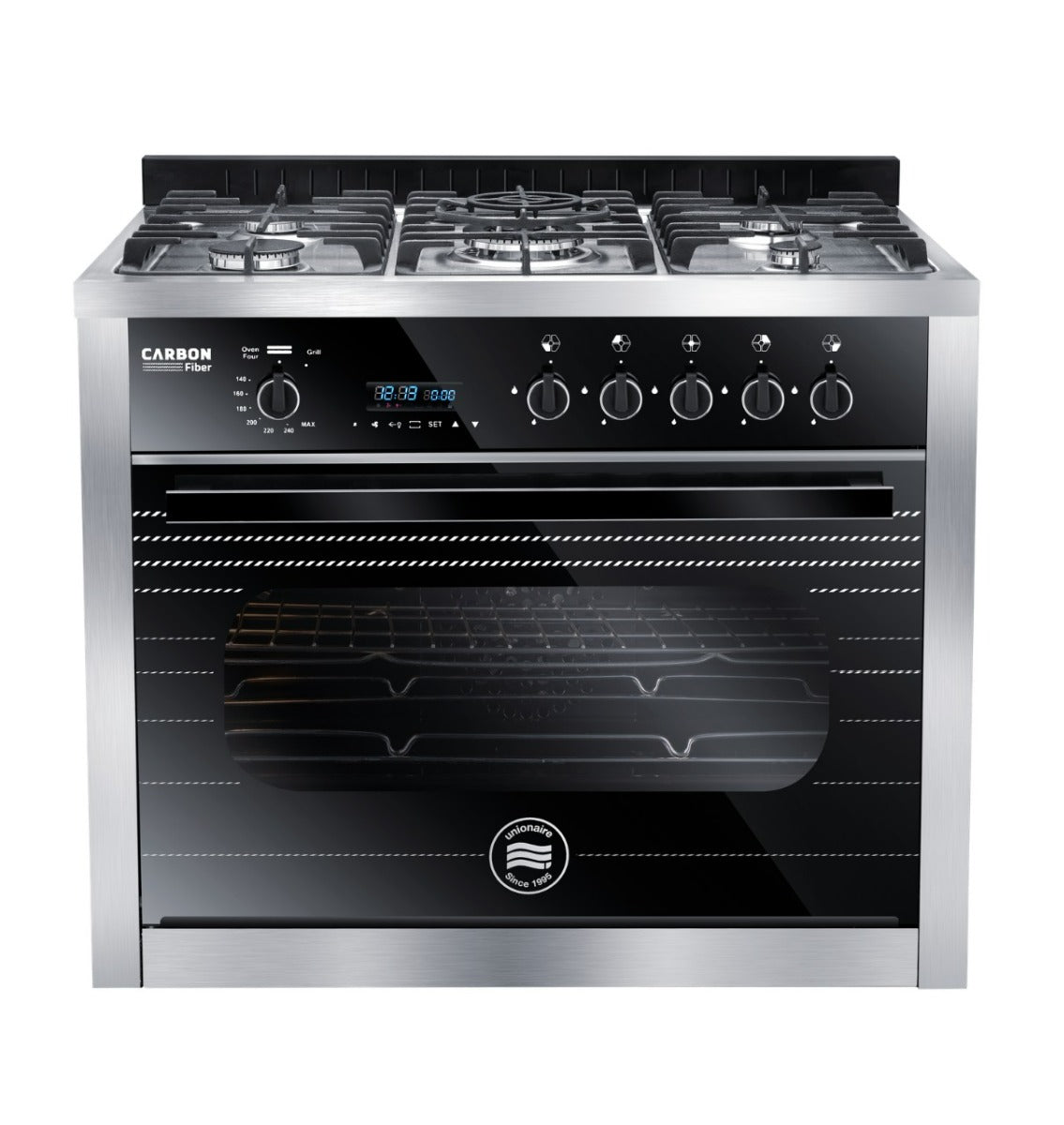 Unionaire Carbon Fiber Digital Gas Cooker, 5 Burners, 90 cm, Stainless Steel - C69SSGC383ICS2FGCF2WAL